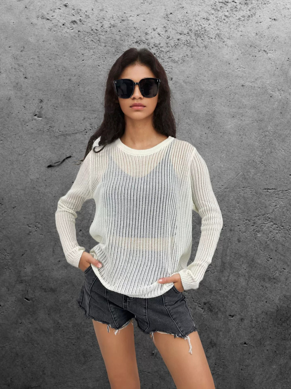 ZARA Sheer Openwork Knit Womens Crewneck Long Sleeve Solid Sun Protection Top